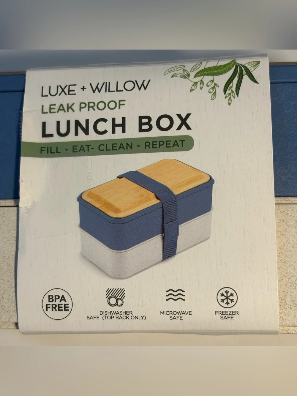 NWT Lunch Box Bento 2 Tier Leak Proof Cutlery Blue White Nesting Bamboo Lid